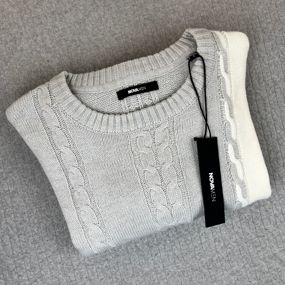 New NOVA MEN Cody Cable‎ Knit Sweater Heather Grey/ivory Color Block Men L